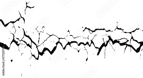 Wall cracks. Flat for instant color change. Split terrain after earthquake. Grunge urban graphic elements of rough surface. Dust overlay distress grained texture. Transparent background.