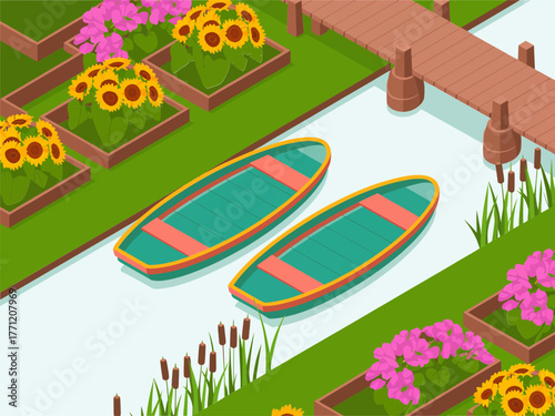 Lakeside dock with boats, sunflower field and flowers, wooden pier, calm water garden, peaceful recreation vector