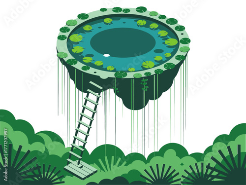 Jungle cenote sinkhole pool, circular lagoon with ladder, hanging vines and moss, turquoise water, tropical nature, vector illustration