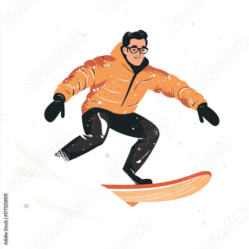 Snowboarder in orange jacket and black pants enjoying winter sports.