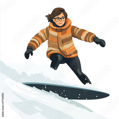 Snowboarder in action midair wearing glasses winter sports fun