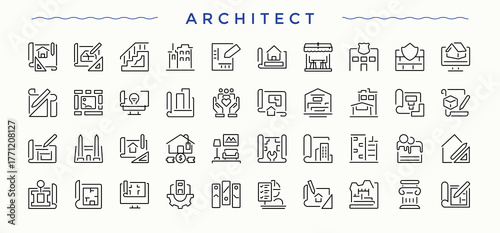 Architect vector line icon set. Minimal icons collection. Engineer modern icon set. Contain linear symbols engineer, measurement, project, drawing, design, architect and more.