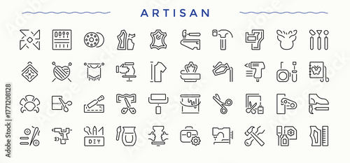 Artisan vector line icon set. UI icons set in a thin style. Editable vector stroke. Artist icon set in linear style. Featuring art and culture, paint, video, culture, entertainment, history and more.