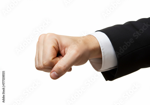 A close-up shot of a man's fist, clenched and pointing downwards, wearing a suit.