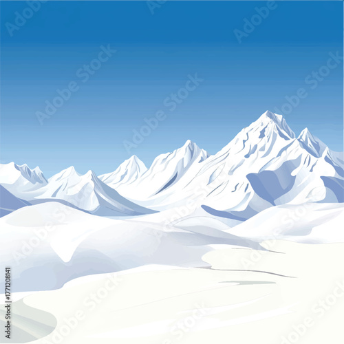 Snowcapped mountain range under a clear blue sky with soft shadows