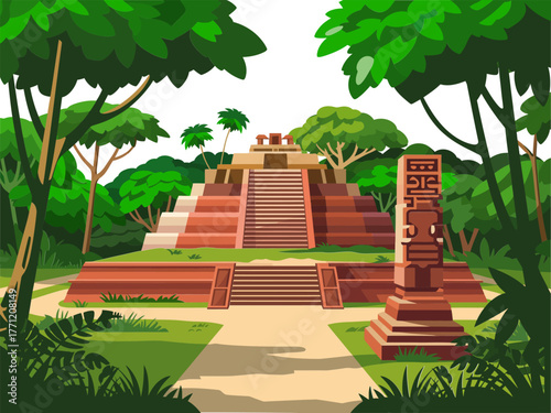 Ancient mesoamerican temple complex, terraced stone pyramid, ceremonial courtyard path, carved pillar monument, rainforest ruins, travel illustration vector