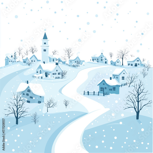 Snowy village scene with houses and a church on a winter day.