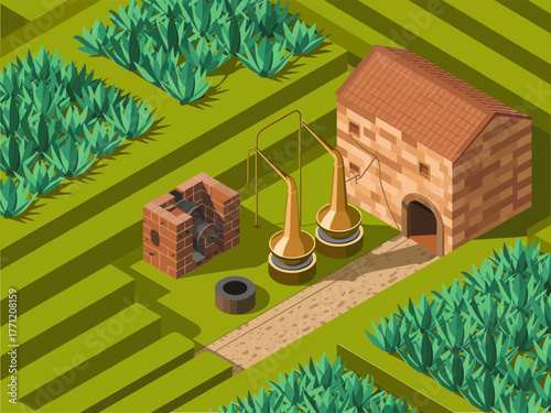 Rural agricultural complex, crop fields with irrigation channels, storage hut and weighing scale, harvest concept, isometric vector illustration