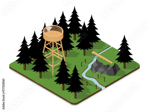 Wooden fire lookout tower, pine forest clearing, small creek, mountain trail, ranger platform, nature protection, wilderness vector illustration
