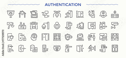 Authentication line icon set. Minimalist linear icons. Pack of privacy, login session, finger, server, control, factor. Vector illustration. Username vector line icon set.