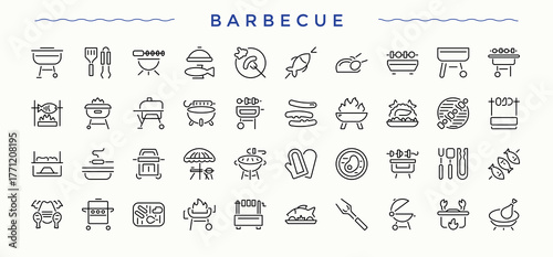 Barbecue linear icon set. Sign and Symbol. Contains outline symbols like restaurant, cook, butcher, picnic, food, party. Pictogram and infographic. Barbeque icon collection.