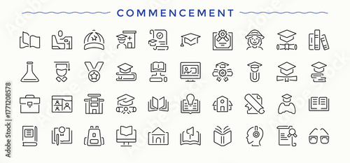 Set of Commencement line icon. Pack of target, start, development, business, management, strategy and more. Outline icons collection. Strategy icon set. Editable vector stroke.