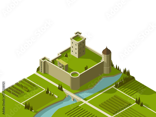 Medieval fortified castle with walls and towers, agricultural terraces, irrigation canals, bridge approach, isometric heritage landscape
