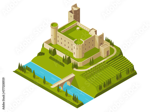 Stone castle manor beside river channel, arched bridge access, surrounding fields, countryside stronghold, isometric historic architecture