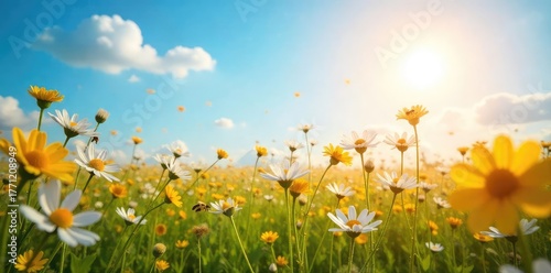 A vibrant sun shines on a field of wildflowers, buzzing with bees; a joyful scene of pure, unadulterated happiness and summer bliss , positive energy, sunshine, life