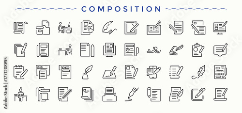 Composition icon pack. Simple line vector icons. Write vector line icon set. Pack of typing, write, stationery, author, writer and more.