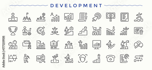 Development icon. Success linear icon collection. Minimalist icons pack. Includes symbols for success, management, process, strategy, expansion, business and more. Vector artwork and illustration.