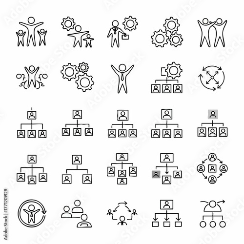 Business Organization and Teamwork Line Icons.