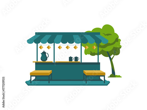 Park kiosk pavilion, shaded canopy stall, benches beneath, pottery display, community marketplace corner, urban leisure space, vector illustration