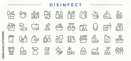 Disinfection icon set. UI icons set in a thin style. Cleaning vector icon set. Contains such symbols as housework, cleaning product, home cleaning, disinfect, sanitizer, washer, home and more.