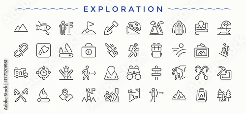 Set of Exploration line icon. Pictograms of climbing, camp, journey, hiking and more. Trendy minimal icons. Travel icon collection. Pixel perfect. Editable stroke.
