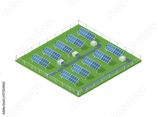 Solar panel field, fenced renewable site, tilted arrays in rows, clean electricity production, green energy infrastructure, vector illustration