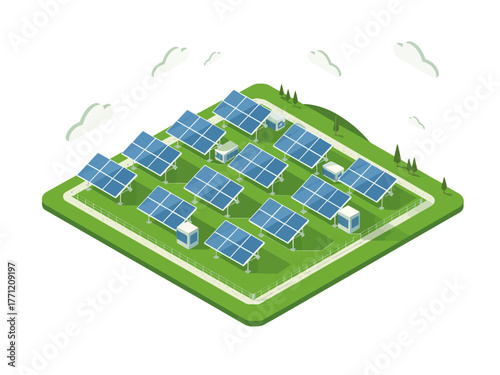 Solar panel farm, renewable energy field, clean power generation, photovoltaic array, green technology, sustainable electricity, isometric vector illustration