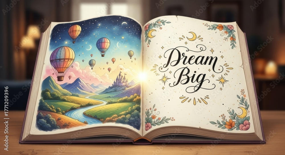 Obraz premium An Open Book Showcasing a Vibrant Fantasy Landscape and the Inspiring Message Dream Big