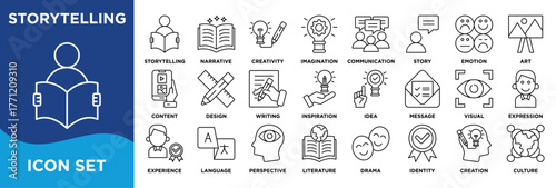 storytelling icon collection set. Containing storytelling, narrative, creativity, imagination icon. simple line vector.	