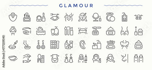 Glamour icon set. Cosmetic linear icon set. Contains such symbols as health, cosmetic, beauty, beauty care, skin and more. Vector illustration in modern line style.
