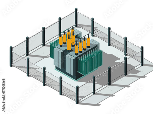 Electrical substation yard, high voltage transformers, fenced security perimeter, power distribution, backup generator units, energy infrastructure, isometric graphic