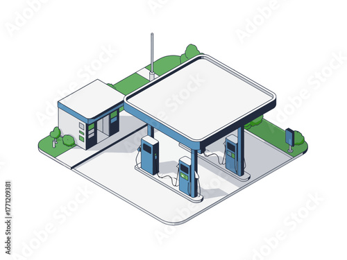Modern fuel station, large canopy structure, multiple dispensers, compact building, clean pavement island, customer service area, roadside vector