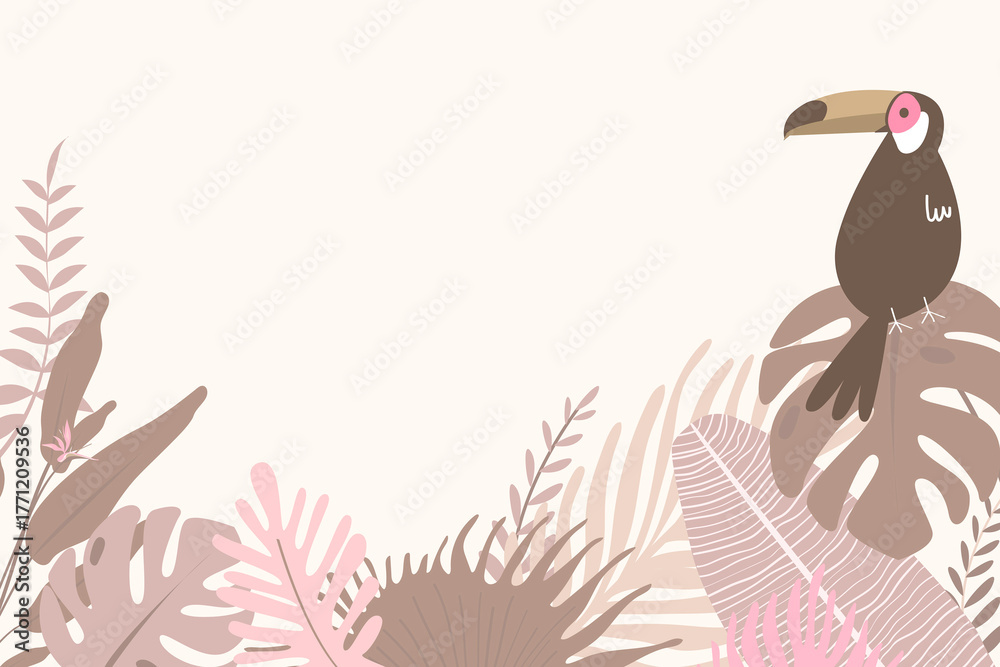Naklejka premium Pink botanical background with tropical leaves and toucan bird
