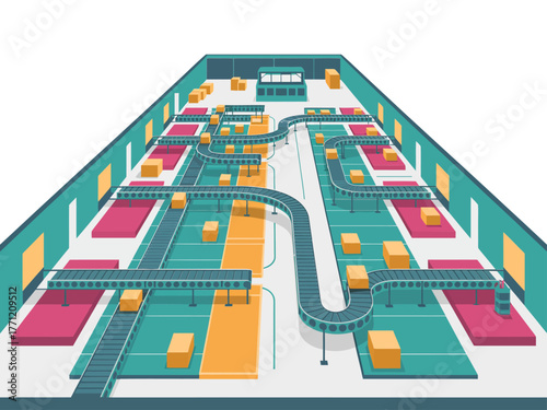 Automated factory production line, conveyor belts with packages, colorful workstations, manufacturing process layout, industrial automation concept, vector illustration