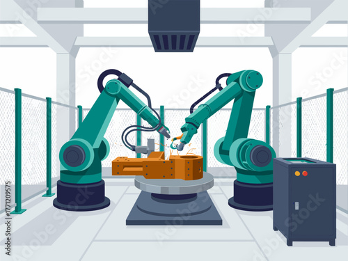 Industrial robot arms in workshop, manipulators on base, safety fence and control unit, automated manufacturing cell, vector illustration