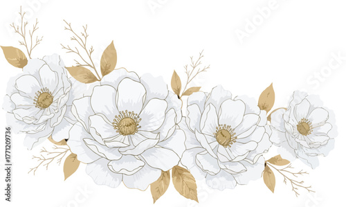 Elegant watercolor white and gold floral border arrangement isolated on white background