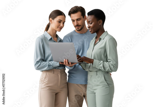 Group of young people, students, business people with laptop isolated on white