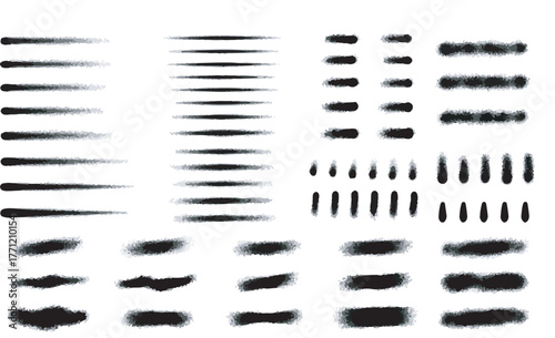 Black spray paint strokes, lines, and dots collection for grunge graphic design vector elements