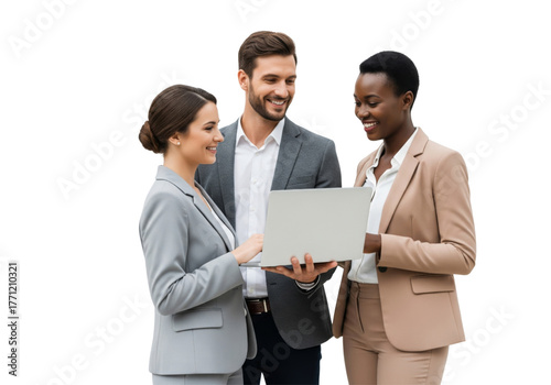 Business people using tablet and smiling isolated on white