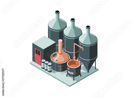 Distillery equipment set, copper pot still with condensers, storage tanks and pipes, alcohol production facility, industrial beverage vector