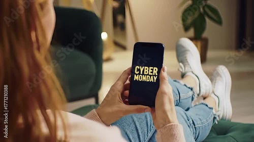 Relaxed woman browsing Cyber Monday deals on smartphone while sitting in cozy modern living room