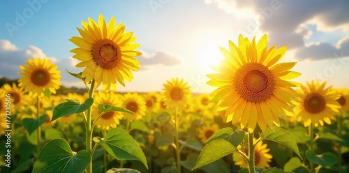 Vibrant sunflowers bask in the warm sunlight, their golden petals reaching for the sky in a picturesque field A breathtaking display of nature's beauty on a sunny day , cheerful, rural