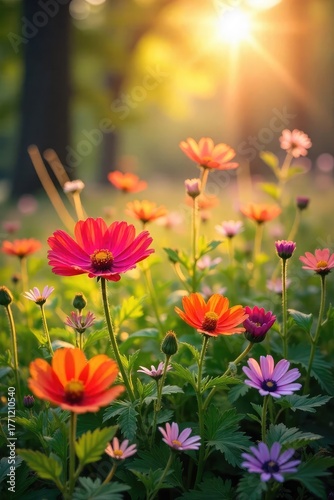 Vibrant wildflowers bathed in the warm glow of sunlight, a picturesque scene of natural beauty and serenity Perfect for nature, spring, and summer themes , yellow, vibrant