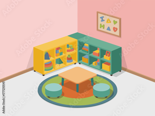 Kindergarten playroom scene, cozy reading corner with shelves, circular rug and table, playful decor, early learning vector