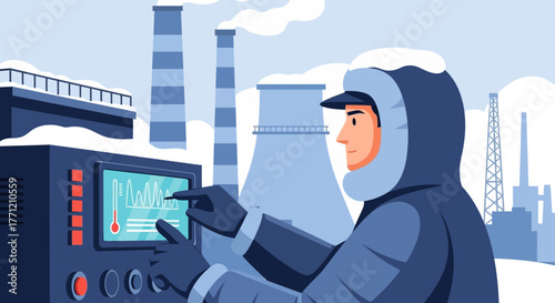 Worker monitoring industrial plant operations in a snowy environment using touchscreen interface