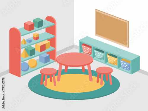 Nursery classroom furniture, red activity table with stools, storage shelves and bins, bulletin board, imaginative play space vector