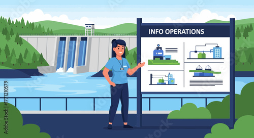 Cartoon illustration of a dam information session with a guide and diagrams