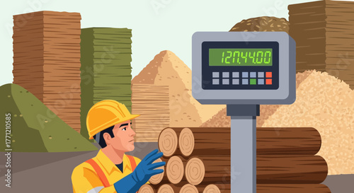 Lumberyard scene illustrating material weight measurement with worker present