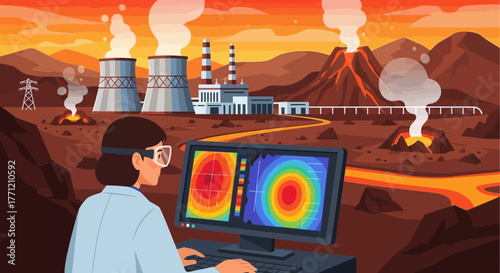 Visualizing geothermal power plant research with scientist examining data output