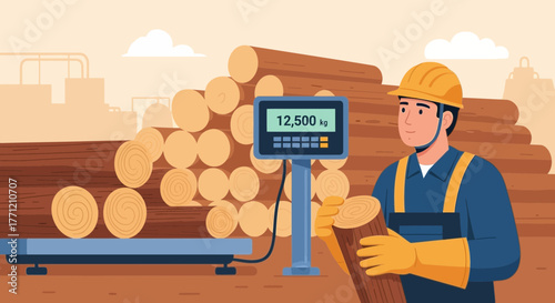 Vector illustration depicting timber industry worker weighing logs at a sawmill